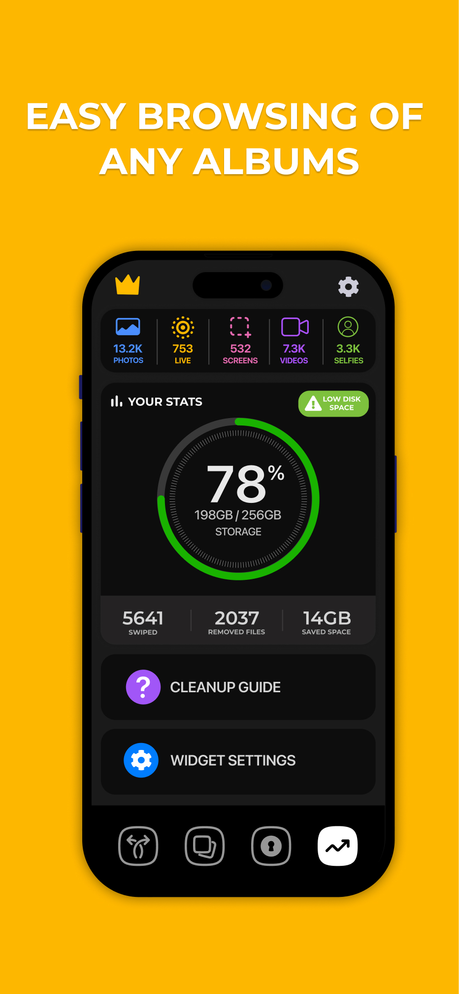 Swipe Photo Cleaner screenshot showing gallery cleanup statistics and saved space